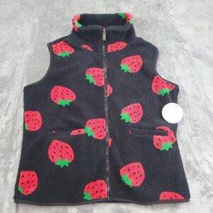 Black Strawberry Print Fleece Vest Womens Size L Sleeveless Casual Boutique Y2K